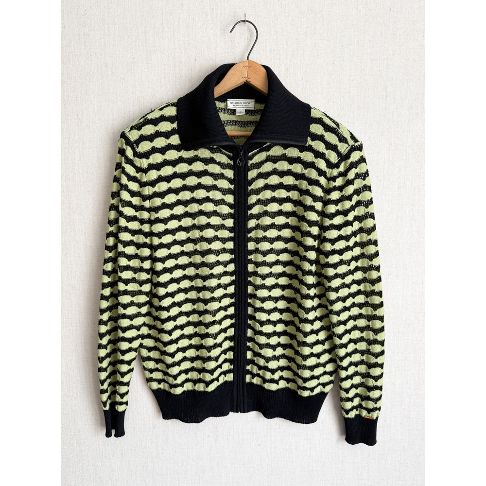 St John Sport Zip Cardigan Pointelle Knit Sweater Large Lime Black Made in USA